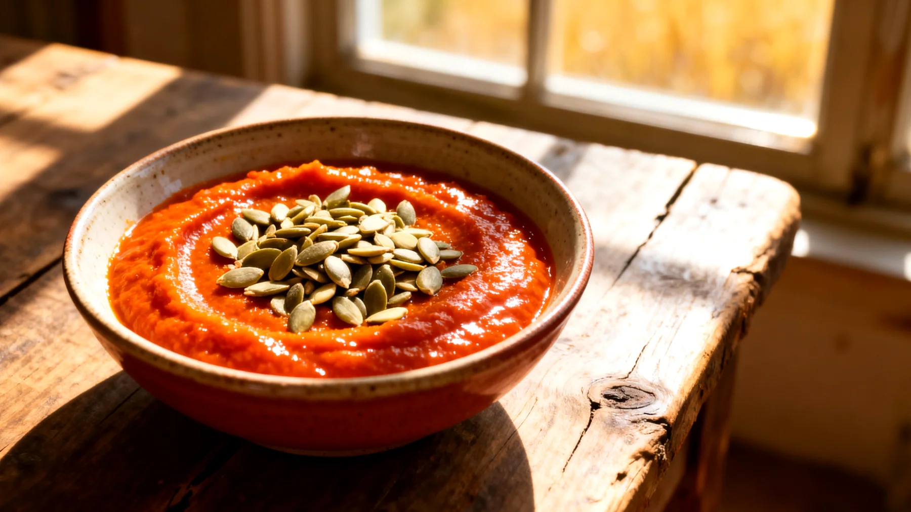 Hagebutten-Sanddorn-Mus mit Kürbiskernen"