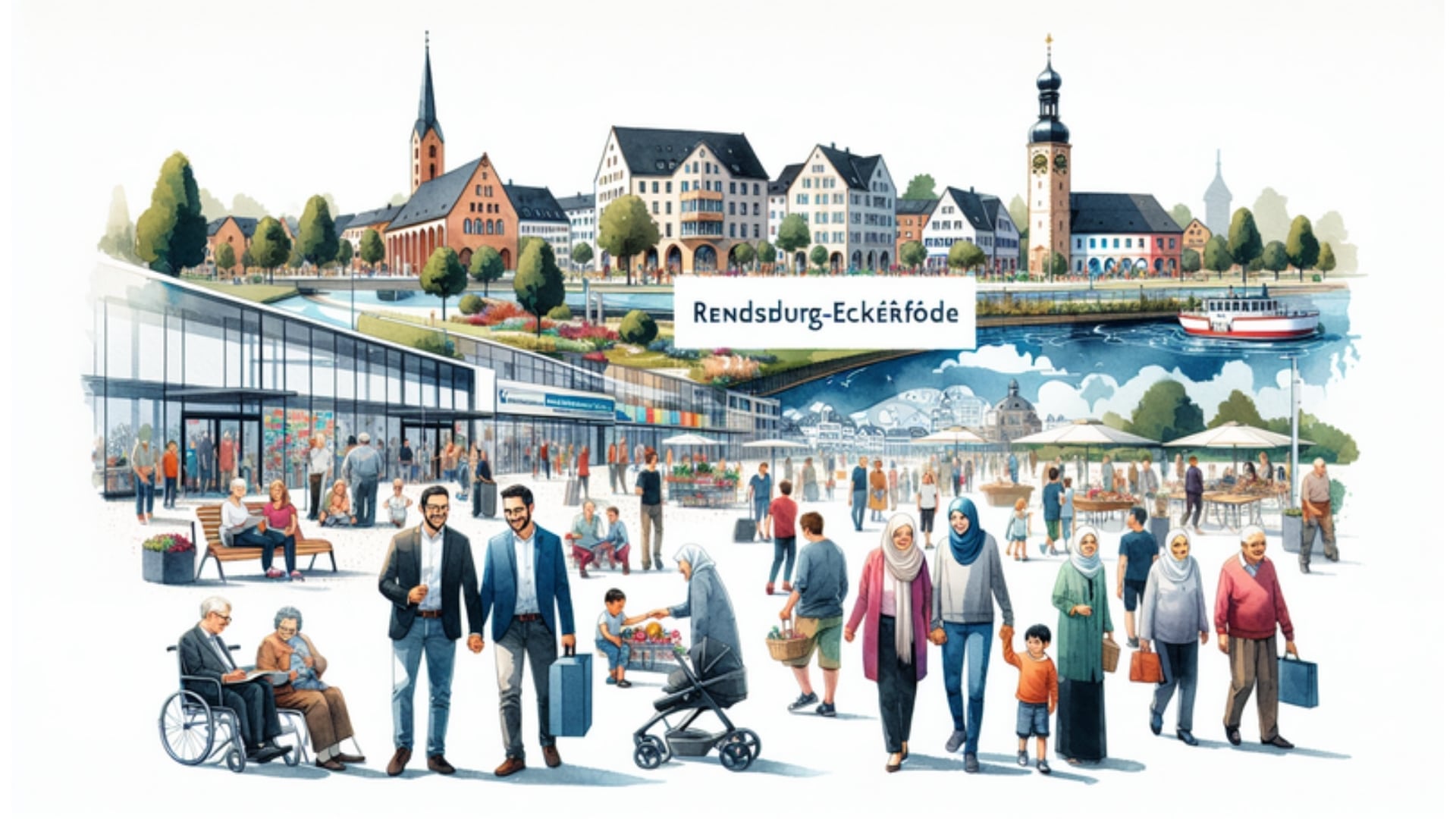 Aquarellzeichnung von Rendsburg-Eckernförde mit diversen Altersgruppen und kulturellen Veranstaltungen, die den demografischen Wandel und die kulturelle Vielfalt der Region darstellen.