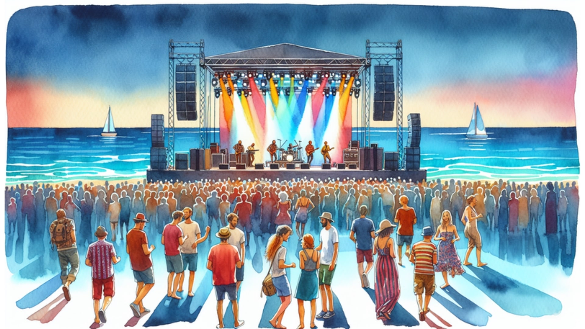 Open-Air-Musikfestival am Südstrand Eckernförde mit tanzenden Menschen und Meeresblick in Aquarell, Kultur und Musik in Rendsburg