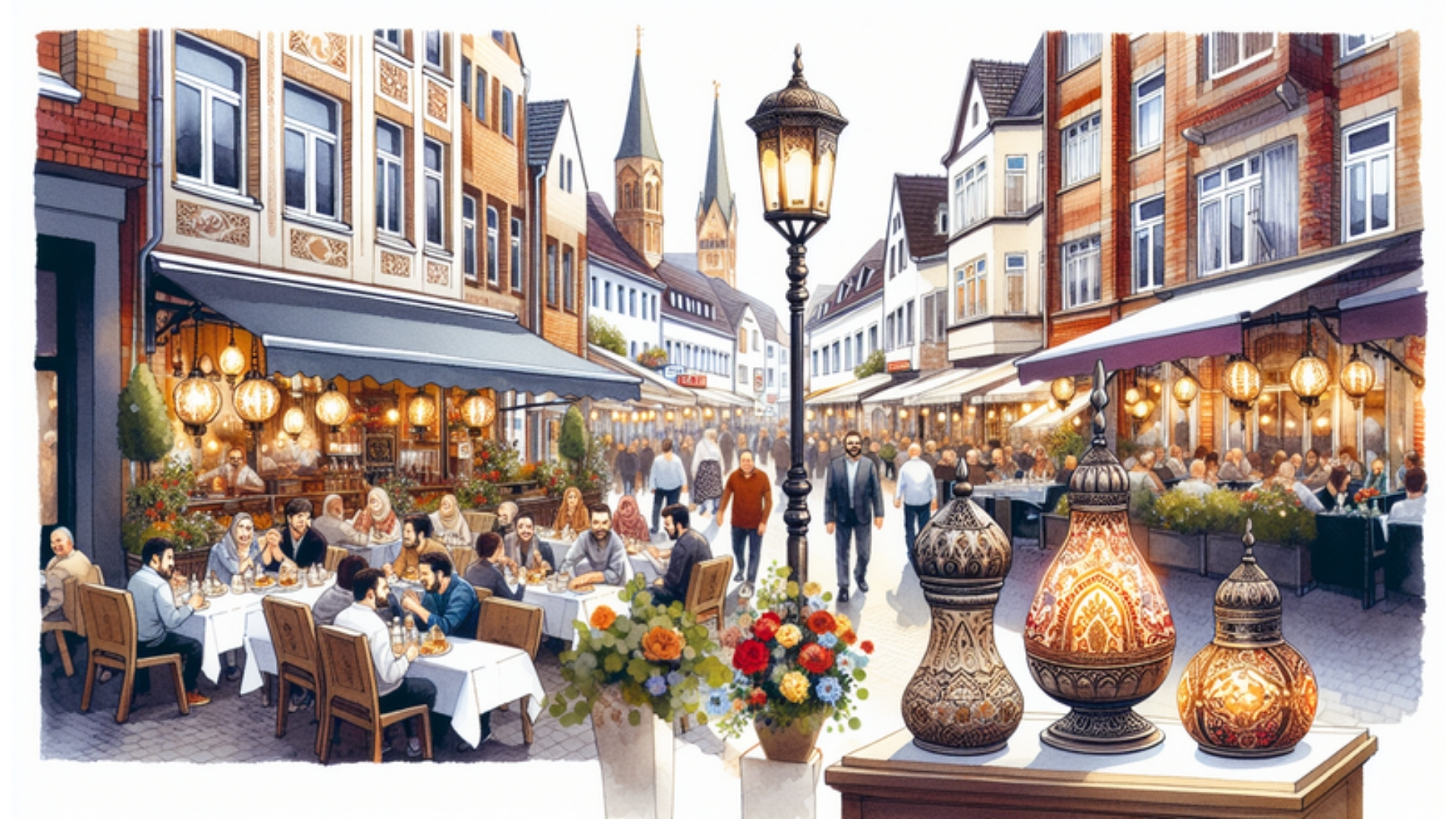 Belebte Straßenansicht von Rendsburg mit traditionellen türkischen Restaurants, die die kulturelle Vielfalt und Gastfreundschaft zeigen.