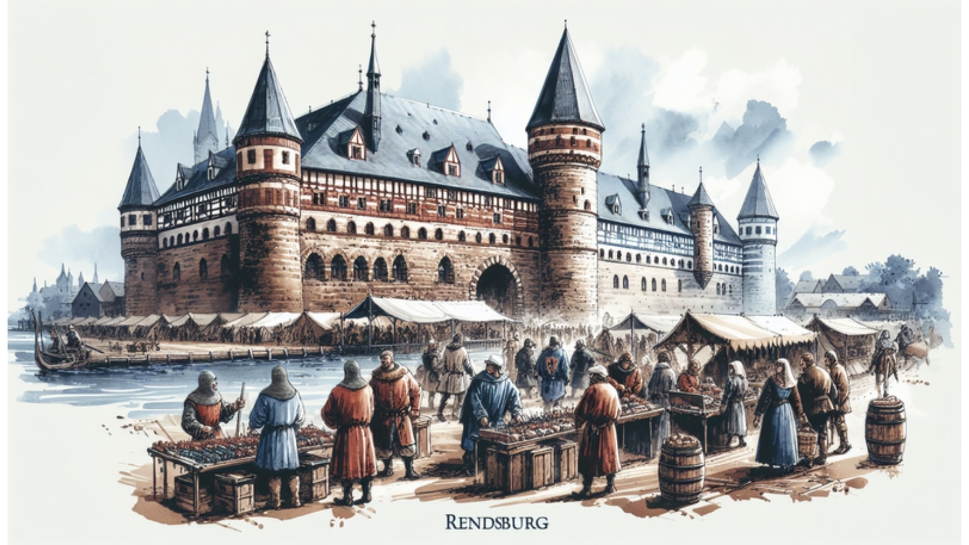 Darstellung von Rendsburg im Mittelalter mit der Burg Reinoldsburg und lebhaftem Markttreiben entlang wichtiger Handelsrouten, in Aquarellstil.