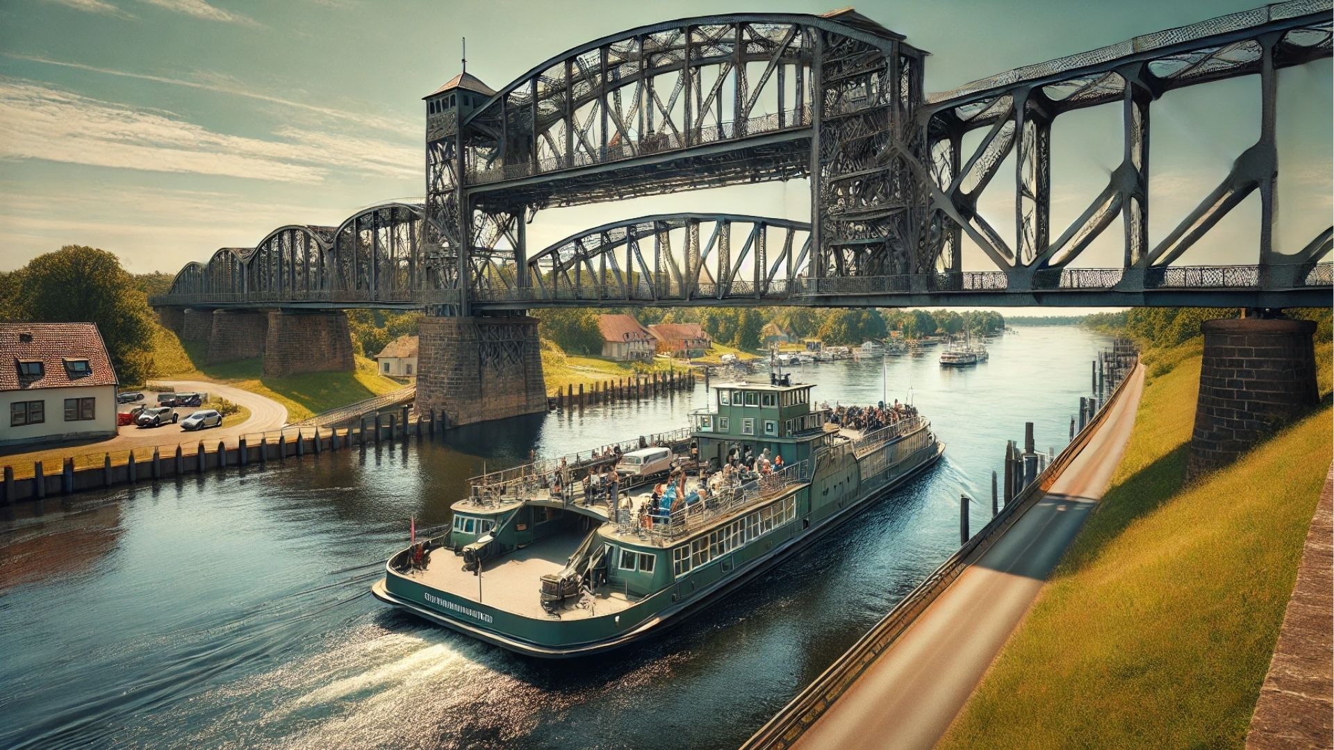 Schwebefähre Rendsburg unter der Eisenbahnhochbrücke über dem Nord-Ostsee-Kanal, ein technisches Meisterwerk.