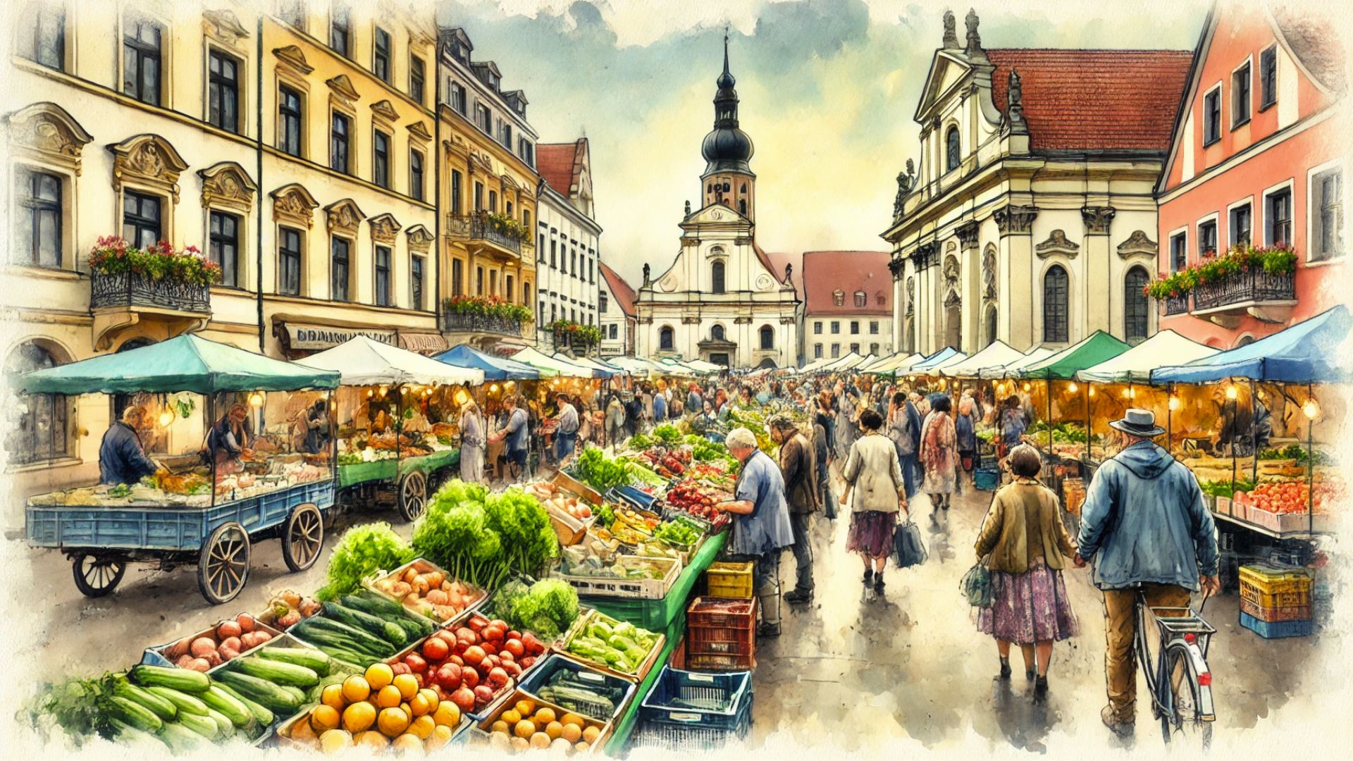 Wochenmarkt auf dem Paradeplatz in Rendsburg mit Ständen, frischen Produkten und historischen Gebäuden im Hintergrund